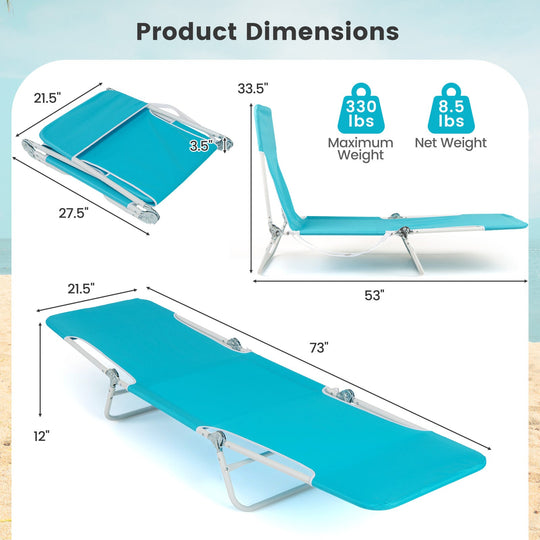 2 Pieces 5-position Lay Flat Beach Recliner with Carry Strap and Metal Frame