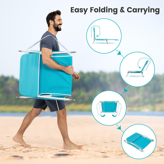 2 Pieces 5-position Lay Flat Beach Recliner with Carry Strap and Metal Frame