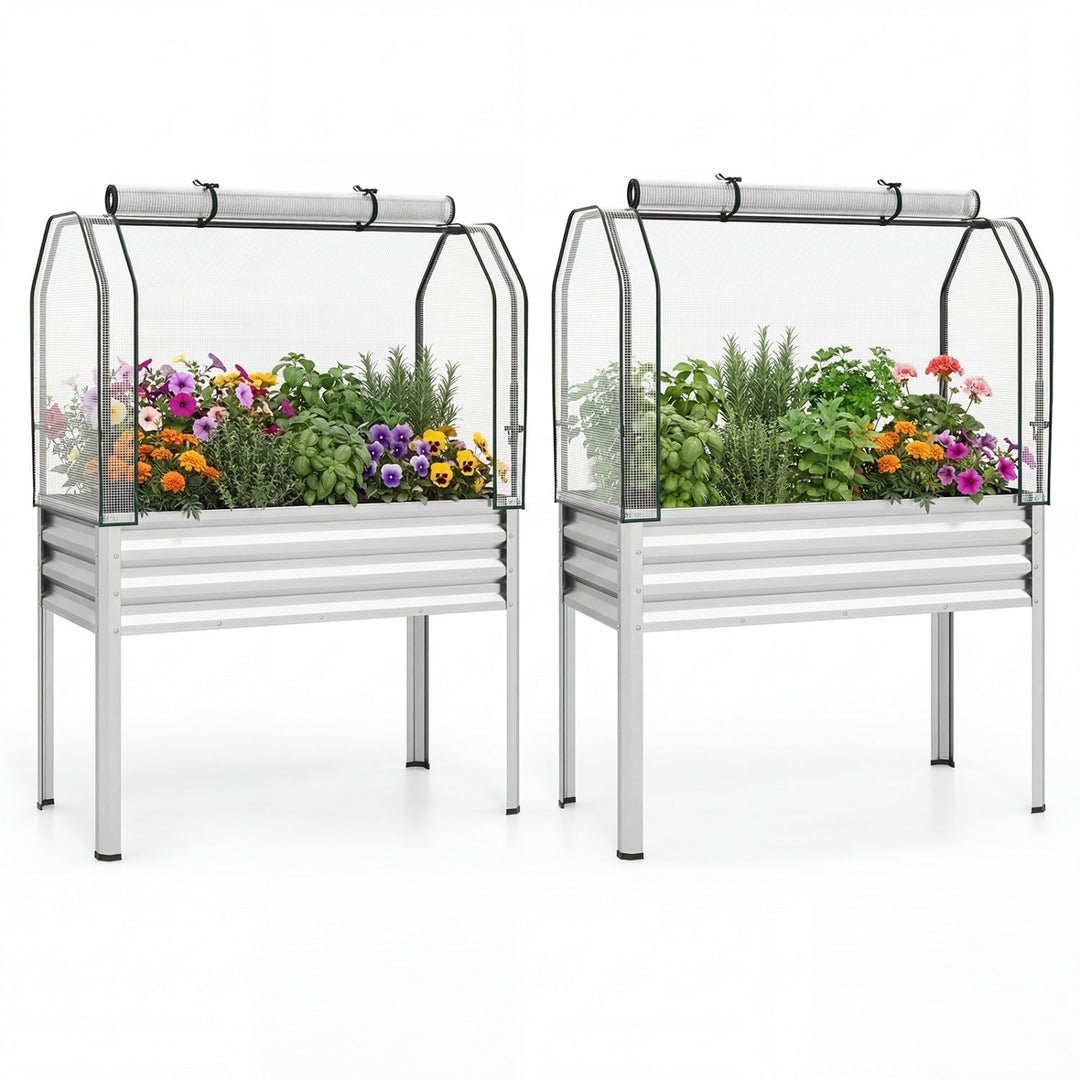 2 Pieces Galvanized Raised Garden Bed with Legs and Greenhouse Cover for Vegetable Flower