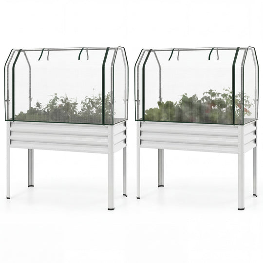 2 Pieces Galvanized Raised Garden Bed with Legs and Greenhouse Cover for Vegetable Flower