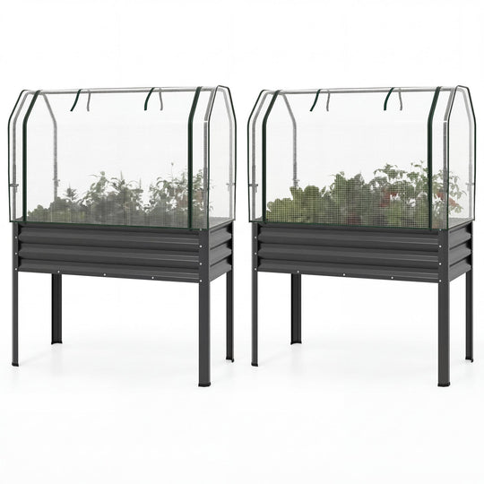 2 Pieces Galvanized Raised Garden Bed with Legs and Greenhouse Cover for Vegetable Flower