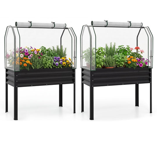2 Pieces Galvanized Raised Garden Bed with Legs and Greenhouse Cover for Vegetable Flower