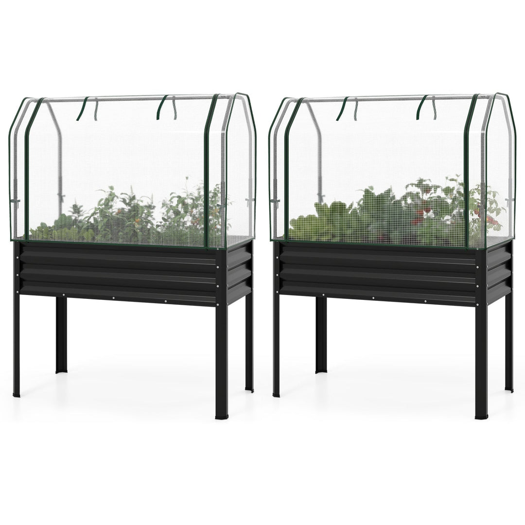 2 Pieces Galvanized Raised Garden Bed with Legs and Greenhouse Cover for Vegetable Flower