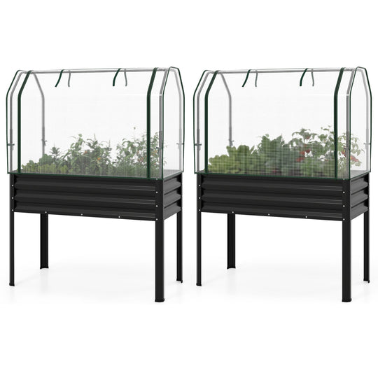 2 Pieces Galvanized Raised Garden Bed with Legs and Greenhouse Cover for Vegetable Flower