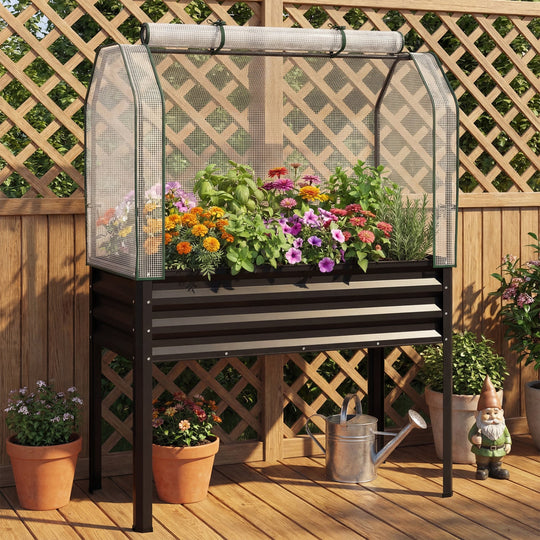 2 Pieces Galvanized Raised Garden Bed with Legs and Greenhouse Cover for Vegetable Flower