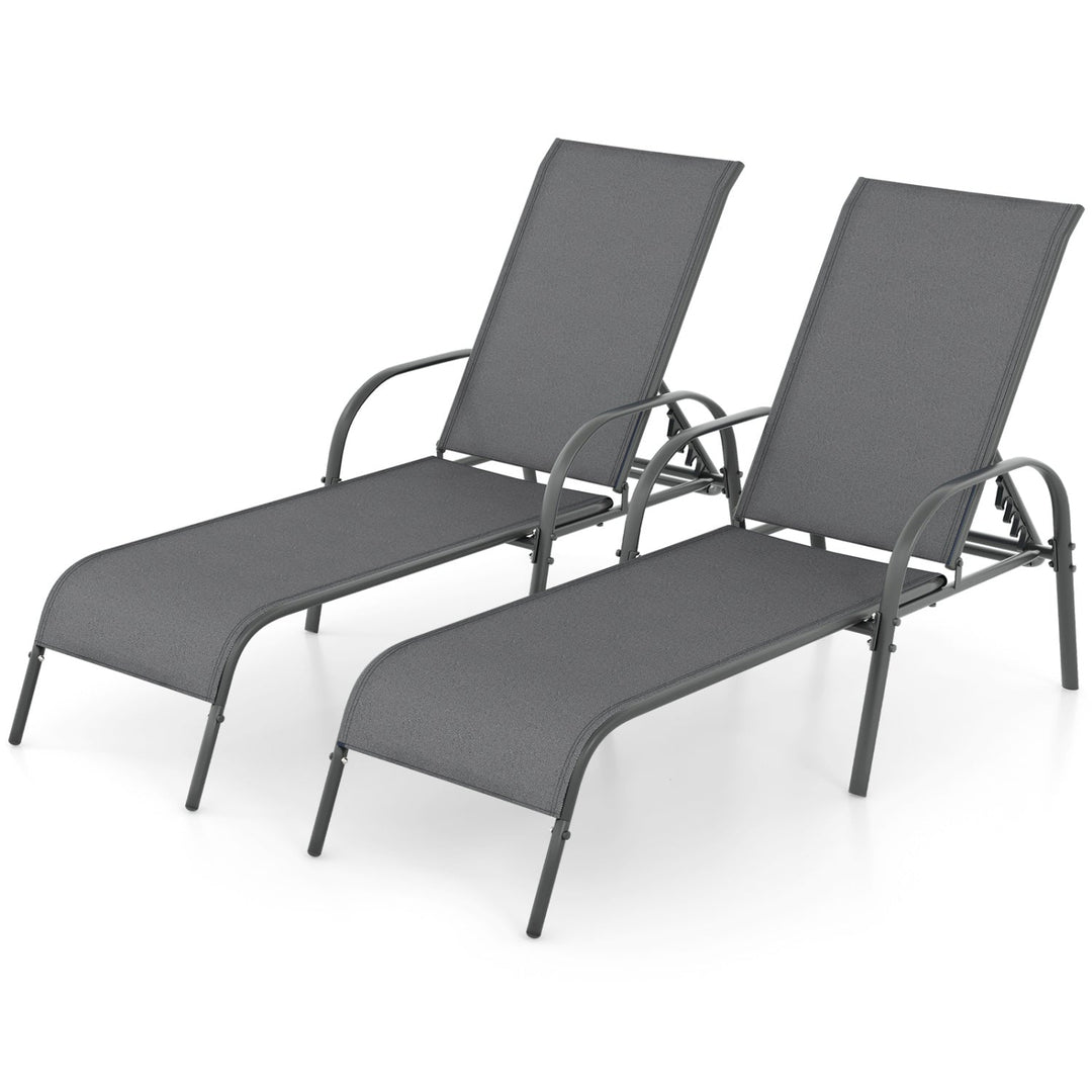 2 Pcs Outdoor Patio Lounge Chair Chaise Fabric with Adjustable Reclining Armrest-Brown