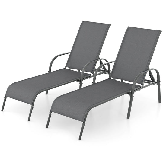 2 Pcs Outdoor Patio Lounge Chair Chaise Fabric with Adjustable Reclining Armrest-Brown