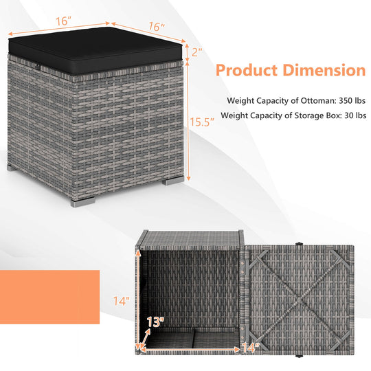 2 Pieces Patio Ottoman with Hidden Storage Space-Mix Grey