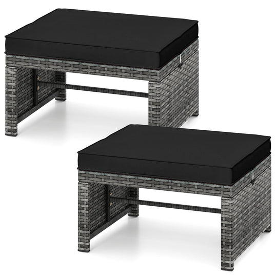 2 Pieces Patio PE Rattan Ottomans with Soft Zippered Cushions for Deck