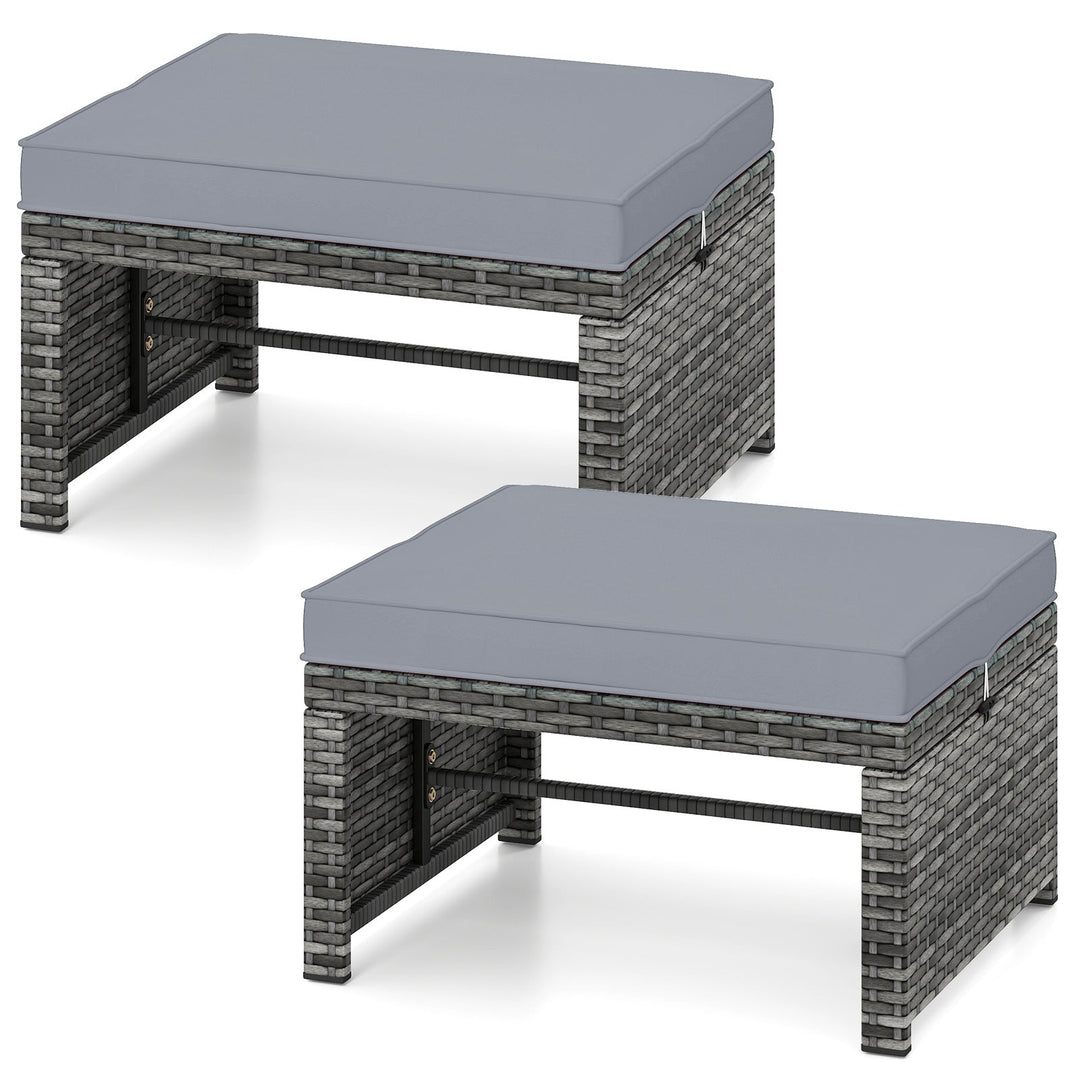 2 Pieces Patio PE Rattan Ottomans with Soft Zippered Cushions for Deck