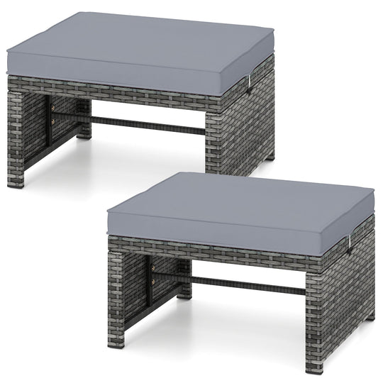 2 Pieces Patio PE Rattan Ottomans with Soft Zippered Cushions for Deck