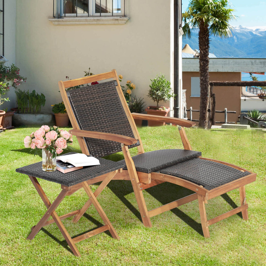 3 Pieces Patio Rattan Folding Lounge Chair Set of 2 with Acacia Wood Table