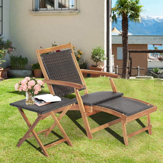3 Pieces Patio Rattan Folding Lounge Chair Set of 2 with Acacia Wood Table