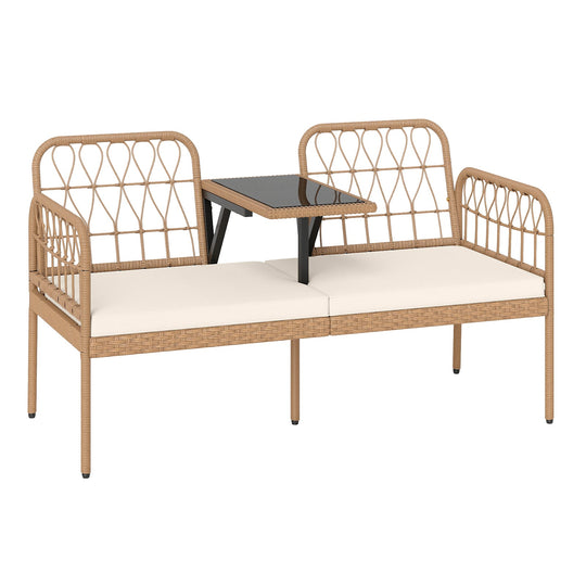 2-Seat PE Rattan Outdoor Loveseat with Built-in Coffee Table and Soft Cushions-White
