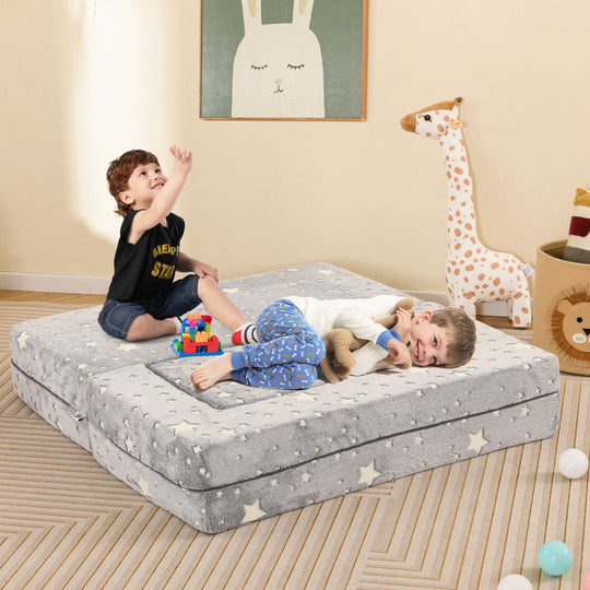 2 Seater Kids Play Couch with Removable and Machine Washable Flannel Cover-Gray