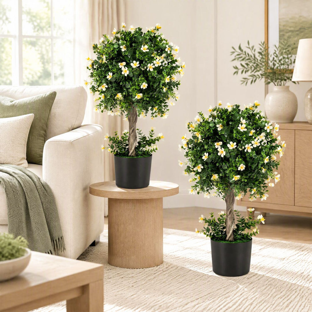 2-Set Artificial Topiary Trees 26 Inch Realistic Potted Plants with Blossoms-White