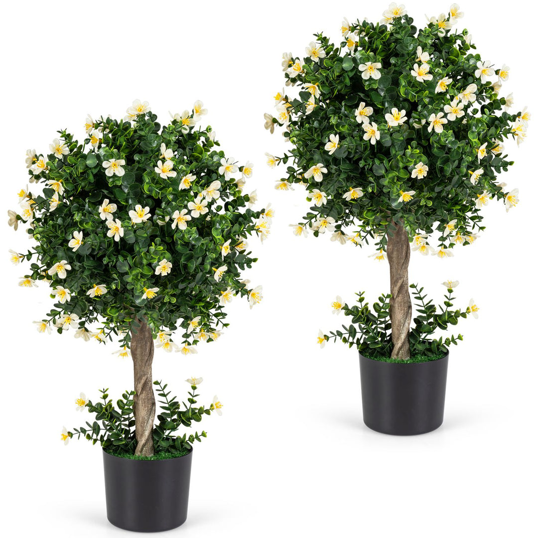 2-Set Artificial Topiary Trees 26 Inch Realistic Potted Plants with Blossoms-White