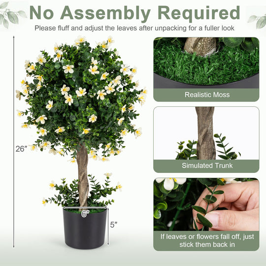 2-Set Artificial Topiary Trees 26 Inch Realistic Potted Plants with Blossoms-White