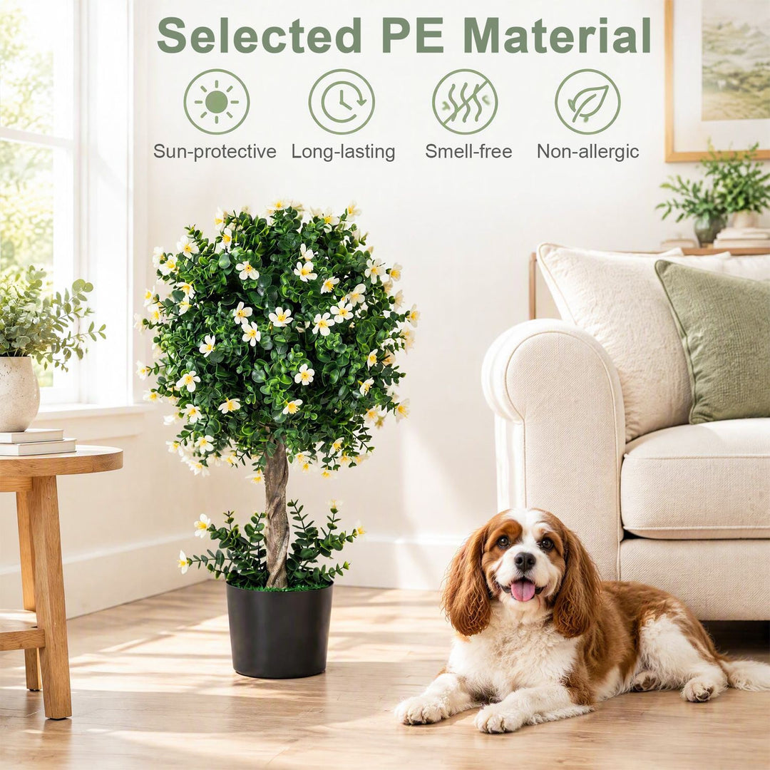 2-Set Artificial Topiary Trees 26 Inch Realistic Potted Plants with Blossoms-White