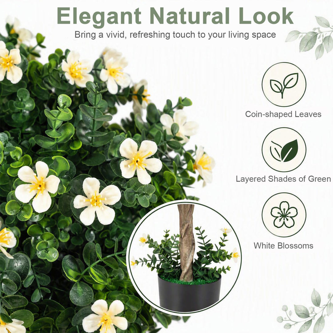 2-Set Artificial Topiary Trees 26 Inch Realistic Potted Plants with Blossoms-White