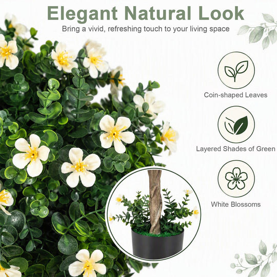 2-Set Artificial Topiary Trees 26 Inch Realistic Potted Plants with Blossoms-White