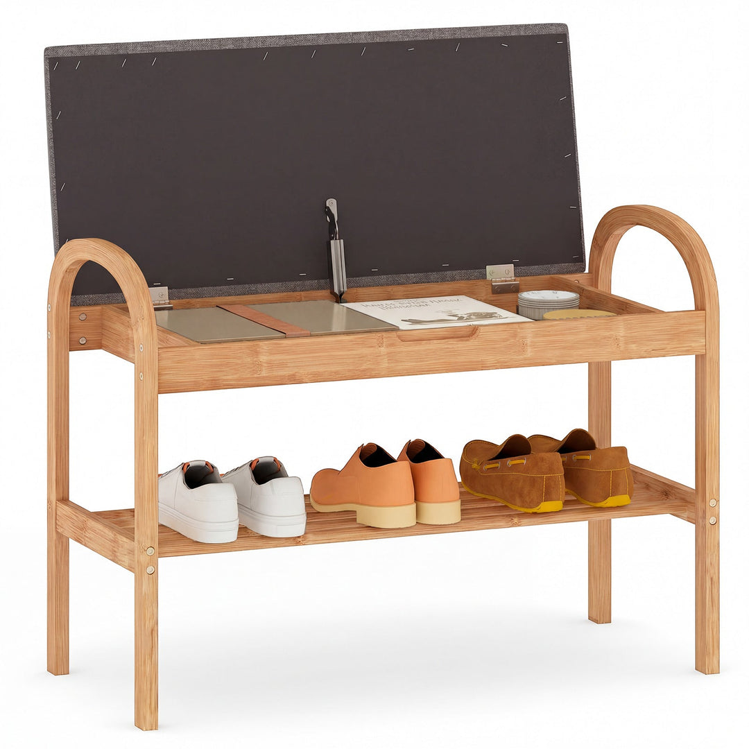 2-Tier Bamboo Shoe Bench with Storage and Padded Cushion-Gray