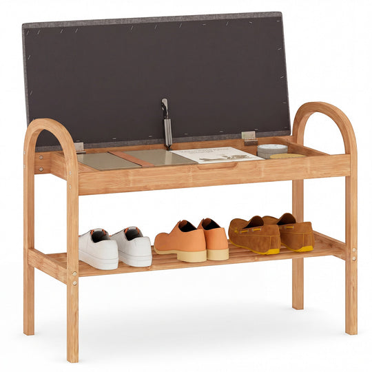 2-Tier Bamboo Shoe Bench with Storage and Padded Cushion-Gray