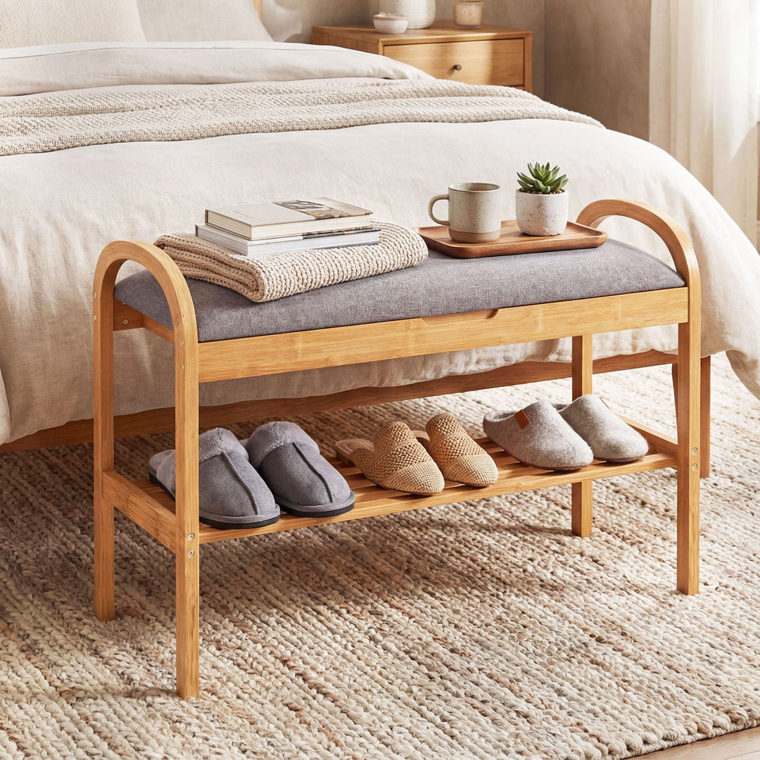 2-Tier Bamboo Shoe Bench with Storage and Padded Cushion-Gray