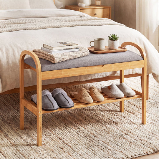 2-Tier Bamboo Shoe Bench with Storage and Padded Cushion-Gray