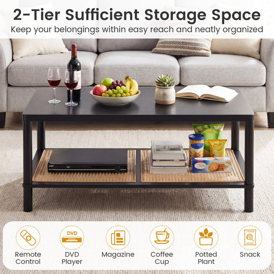 2-Tier Boho Coffee Table with Rattan Storage Shelf