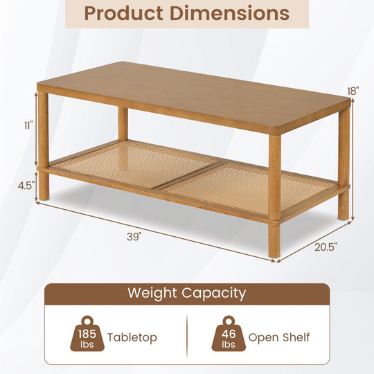 2-Tier Boho Coffee Table with Rattan Storage Shelf