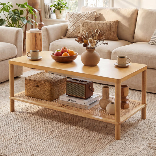2-Tier Boho Coffee Table with Rattan Storage Shelf