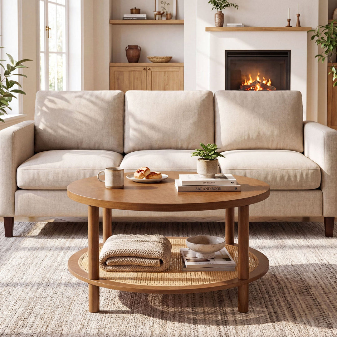 Round Rattan Coffee Table with Storage Shelf