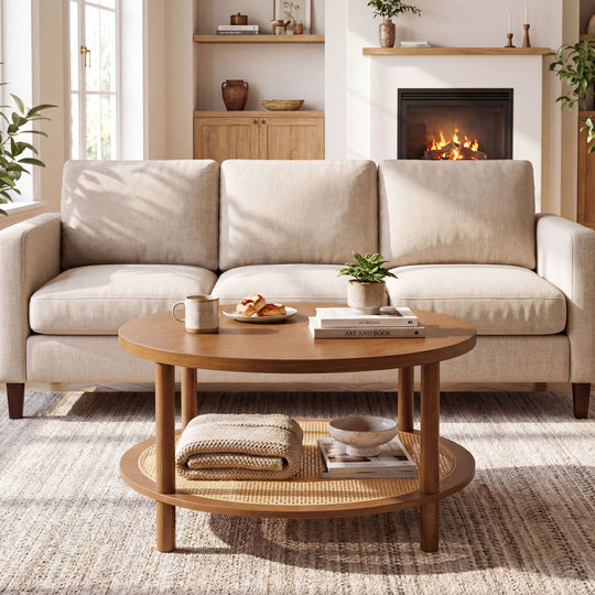 Round Rattan Coffee Table with Storage Shelf
