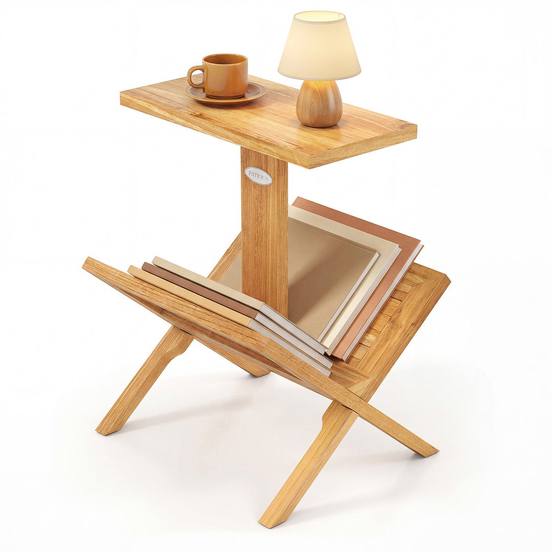 2-Tier Side Table Magazine Rack with Teak Wood Frame