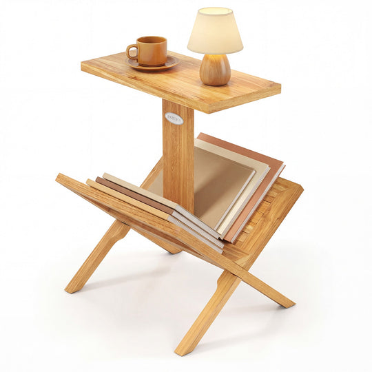 2-Tier Side Table Magazine Rack with Teak Wood Frame