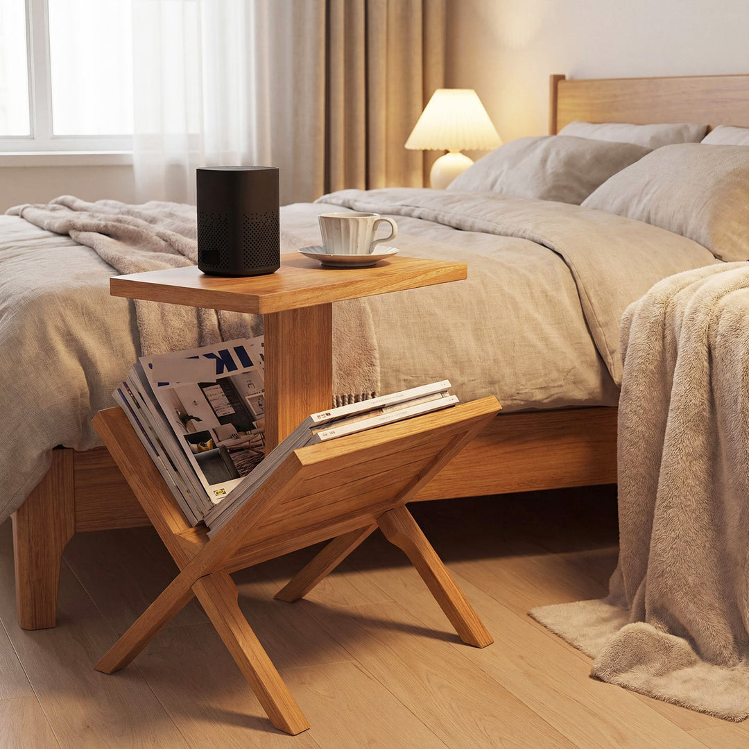 2-Tier Side Table Magazine Rack with Teak Wood Frame