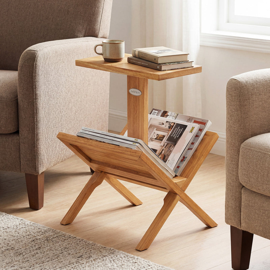 2-Tier Side Table Magazine Rack with Teak Wood Frame