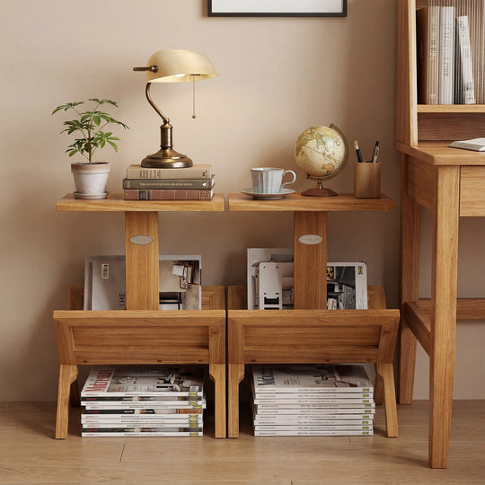 2-Tier Side Table Magazine Rack with Teak Wood Frame