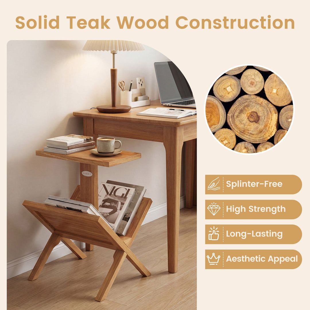 2-Tier Side Table Magazine Rack with Teak Wood Frame