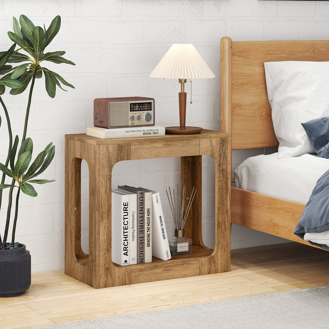 2-Tier End Table with Storage Shelf for Living Room-Oak