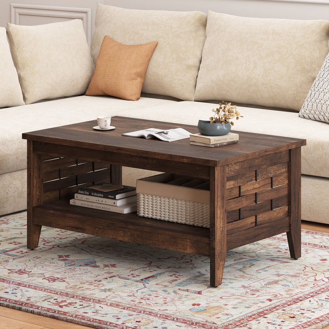 2-Tier Farmhouse Coffee Table with Open Shelf and Woven Decorations for Living Room