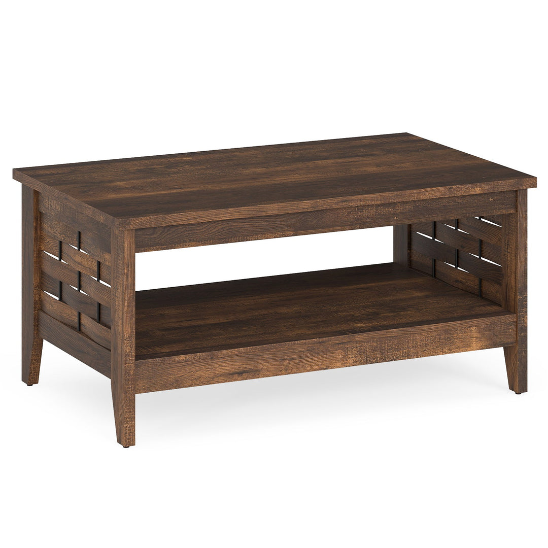 2-Tier Farmhouse Coffee Table with Open Shelf and Woven Decorations for Living Room