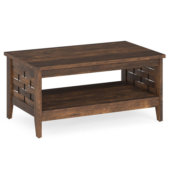 2-Tier Farmhouse Coffee Table with Open Shelf and Woven Decorations for Living Room