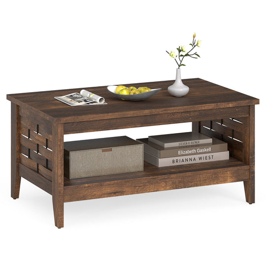 2-Tier Farmhouse Coffee Table with Open Shelf and Woven Decorations for Living Room
