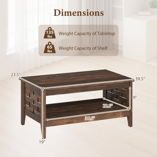 2-Tier Farmhouse Coffee Table with Open Shelf and Woven Decorations for Living Room