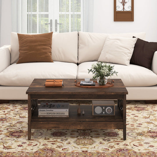 2-Tier Farmhouse Coffee Table with Open Shelf and Woven Decorations for Living Room