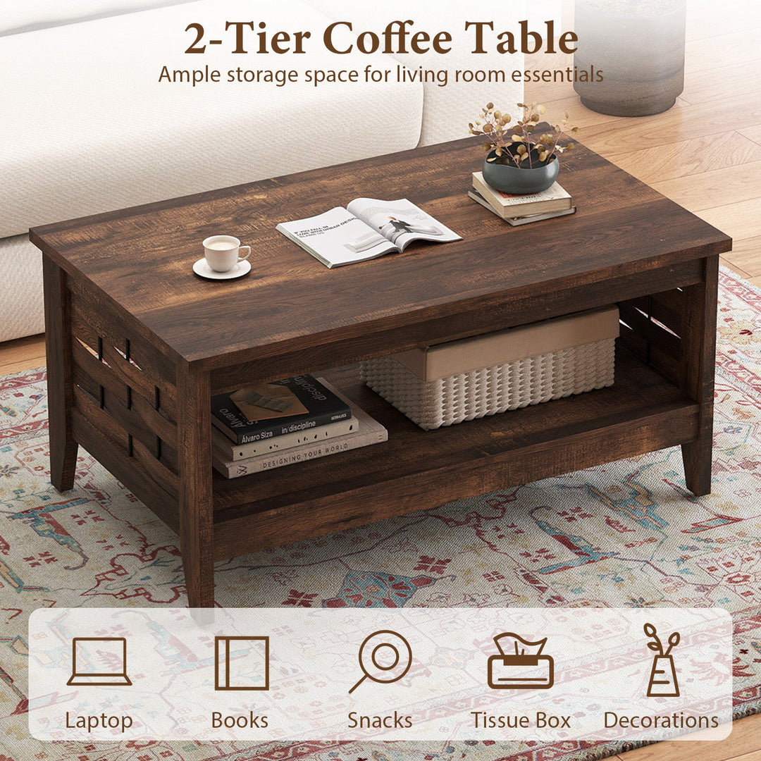 2-Tier Farmhouse Coffee Table with Open Shelf and Woven Decorations for Living Room