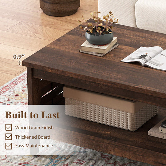 2-Tier Farmhouse Coffee Table with Open Shelf and Woven Decorations for Living Room