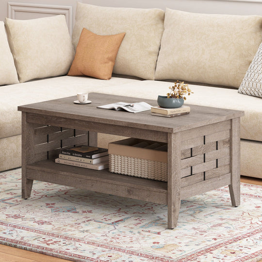 2-Tier Farmhouse Coffee Table with Open Shelf and Woven Decorations for Living Room